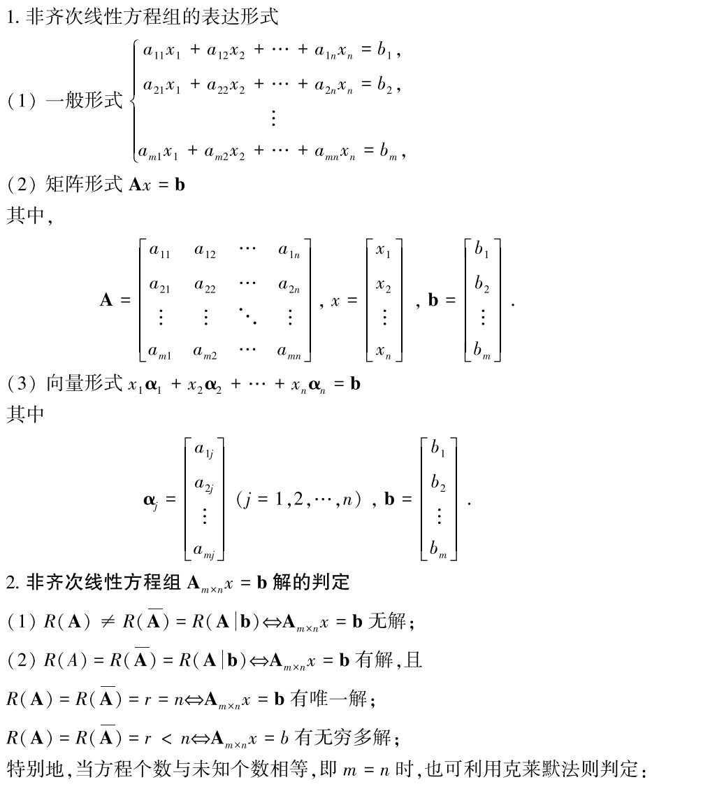 考研数学公式：非齐次线性方程组